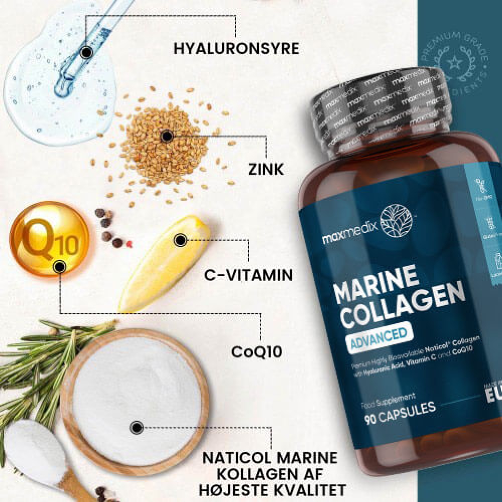 Marine collagen med hyaluronsyre, C-vitamin, zink og coq10
