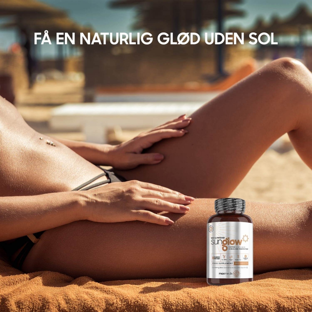 SunGlow Solbrun-piller fra maxmedix kan hjælpe dig med at få solbrun hud